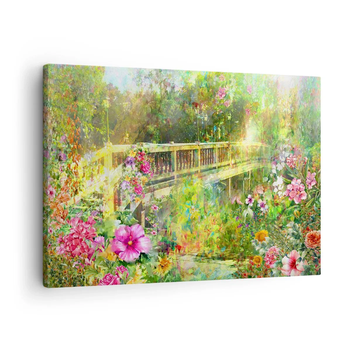 Obraz na plátne - Most obklopený bujnou vegetáciou a kvetmi - 70x50cm - Mostík jarného vzdychania - Moderná nástenná dekorácia do obývacej izby a spálne ARTTOR