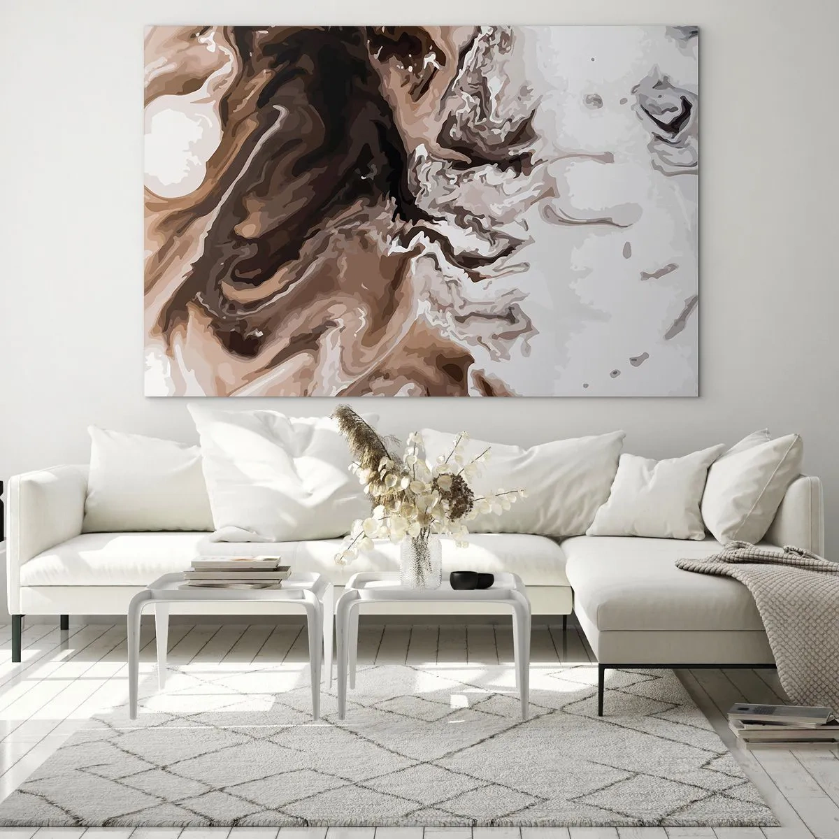 Obraz na skle - Abstraktný vzor v tmavých odtieňoch hnedej a bielej - 70x50cm - Kontrast farieb - Moderná nástenná dekorácia do obývacej izby a spálne ARTTOR