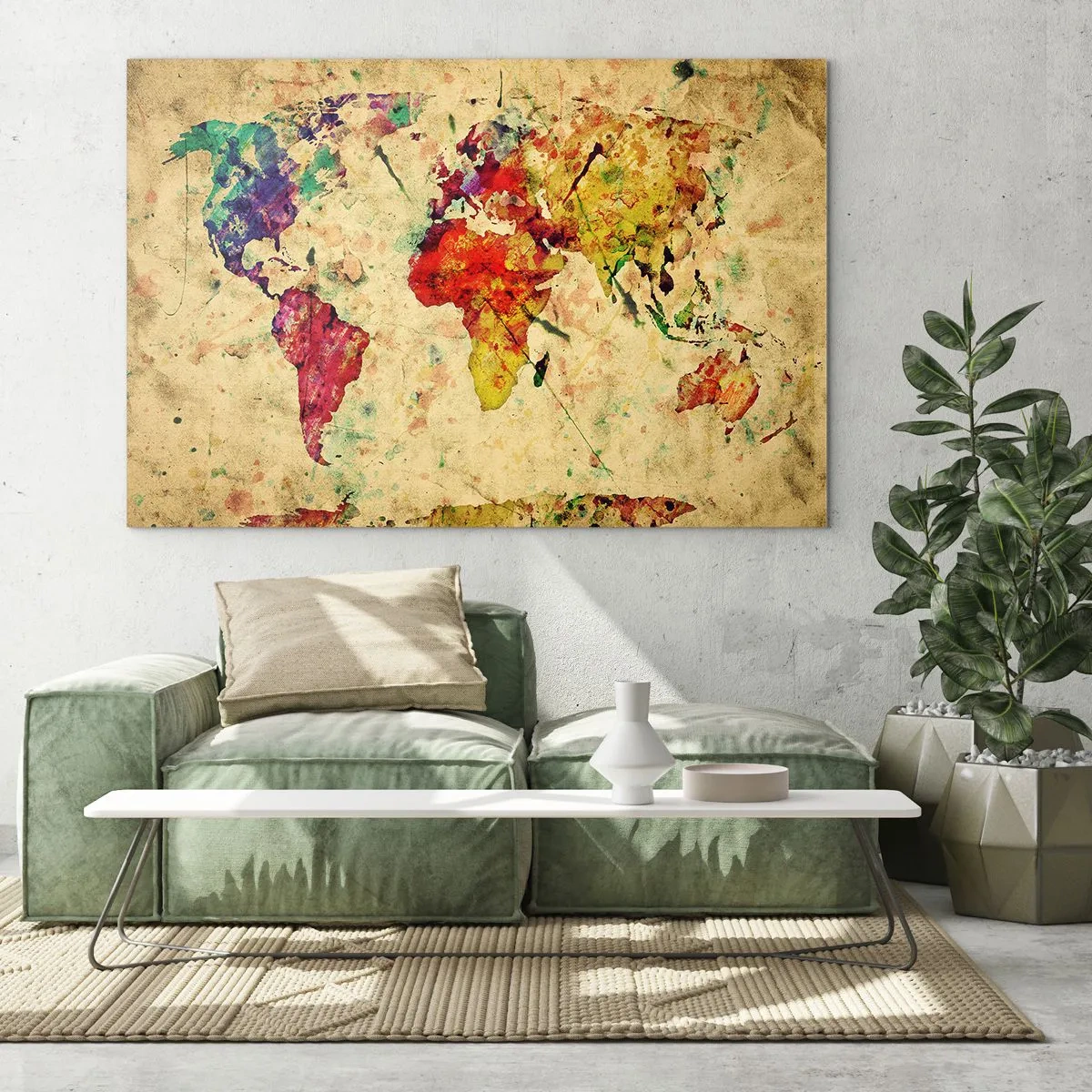 Obraz na skle - Farebná mapa sveta na textúrovanom, vintage pozadí - 70x50cm - Život je farebný ako papier mapy - Moderná nástenná dekorácia do obývacej izby a spálne ARTTOR