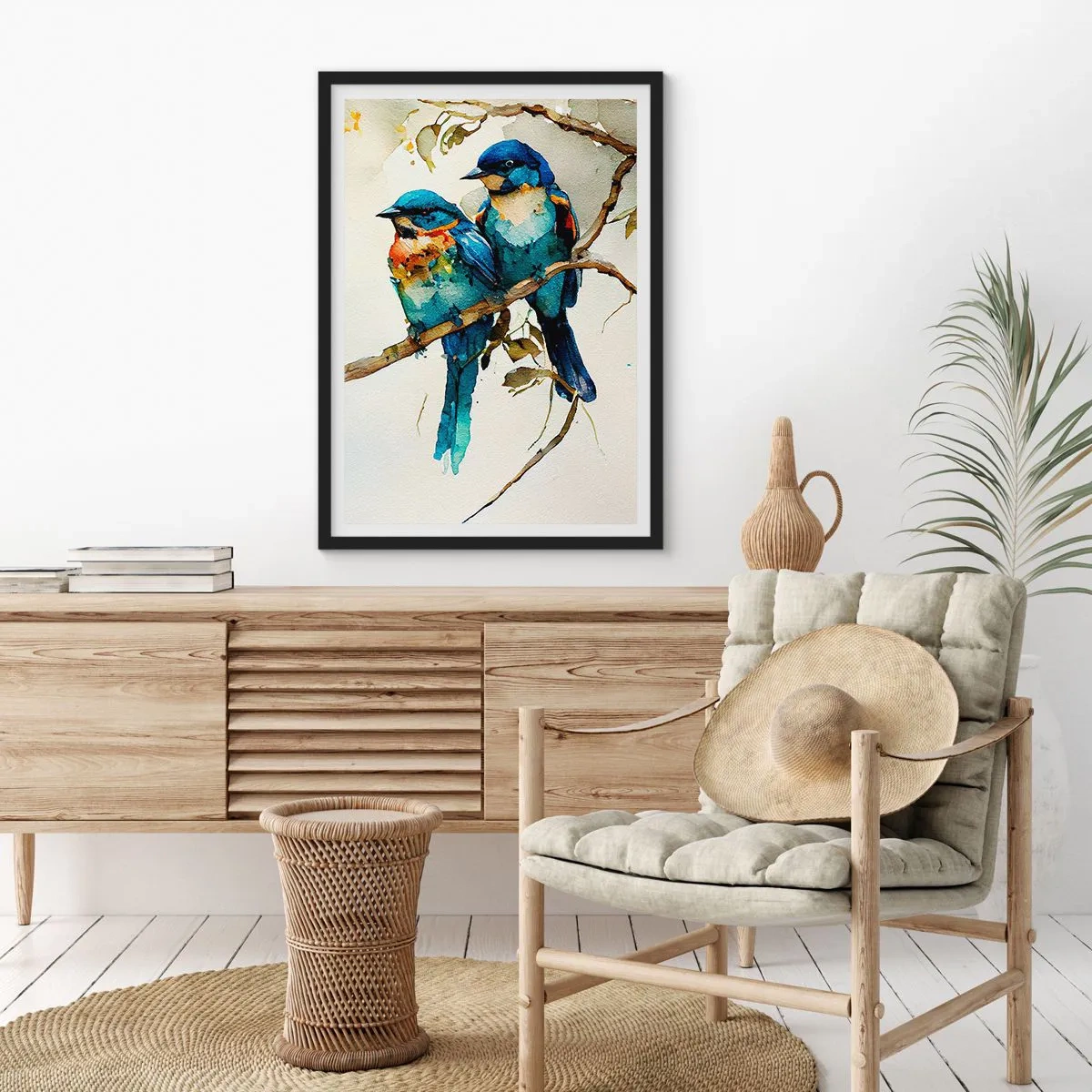 Plagát v čiernom ráme - Akvarelové vtáky na konári v odtieňoch modrej a hnedej - 50x70cm - Urazil sa? - Moderná nástenná dekorácia do obývacej izby a spálne ARTTOR