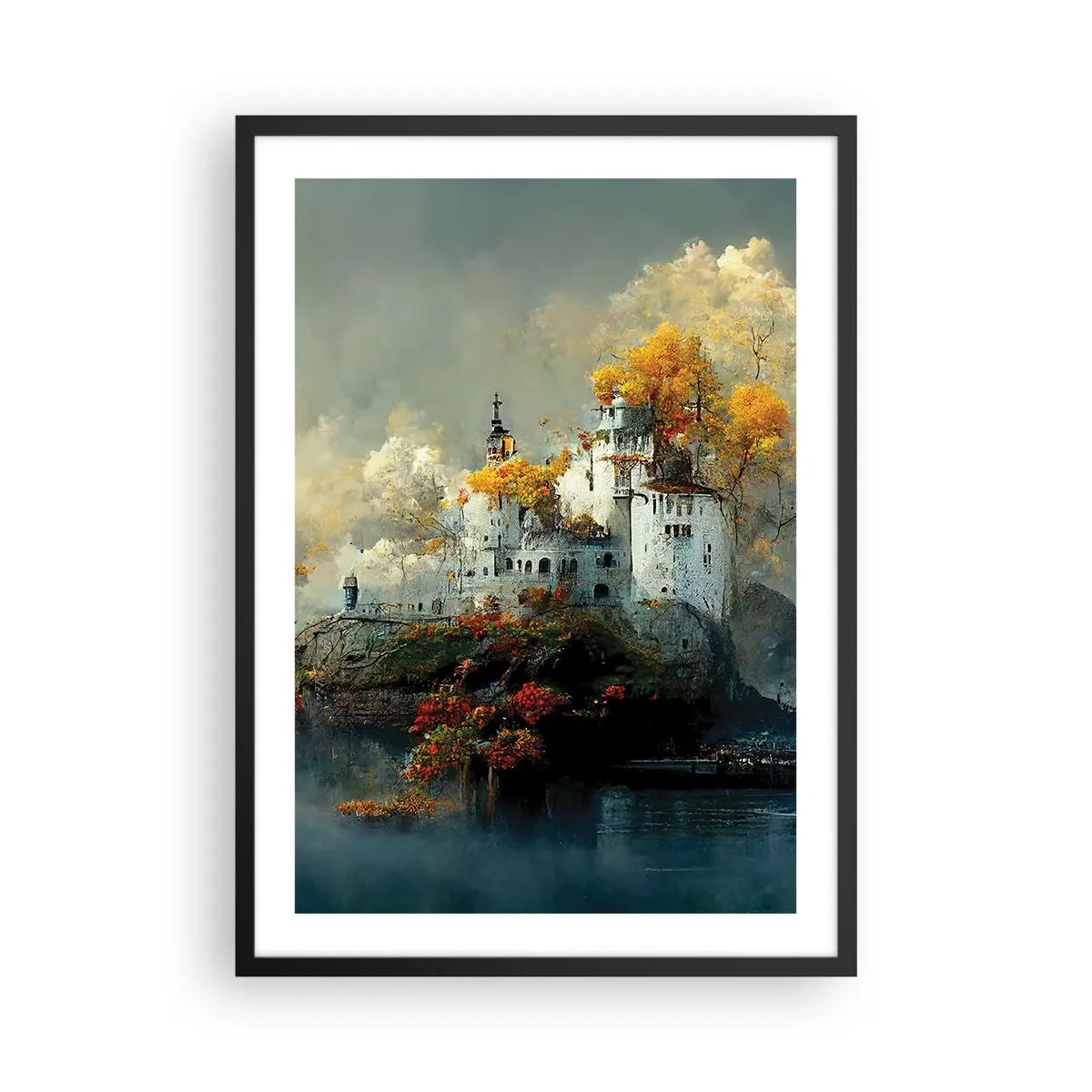 Plagát v čiernom ráme - Hrad na skale obklopený jesennou krajinou - 50x70cm - Začiatok romantického príbehu - Moderná nástenná dekorácia do obývacej izby a spálne ARTTOR