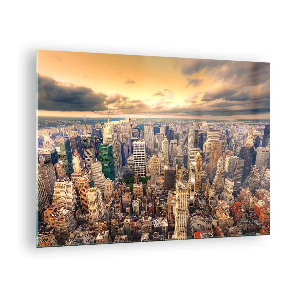 Obraz na skle - Panoráma mesta s mrakodrapmi pri západe slnka - 70x50cm - Pozlátené Metropolis - Moderná nástenná dekorácia do obývacej izby a spálne ARTTOR