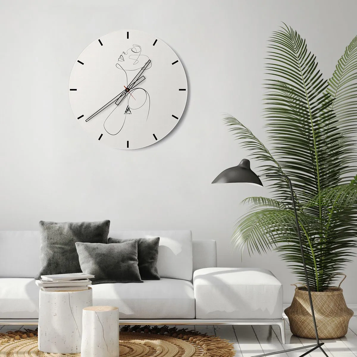 Nástenné hodiny - Ženský profil vytvorený čiernou čiarou na svetlom pozadí - 30x30cm - Zamotaná v snoch - Moderná nástenná dekorácia do obývacej izby, kuchyne a spálne ARTTOR
