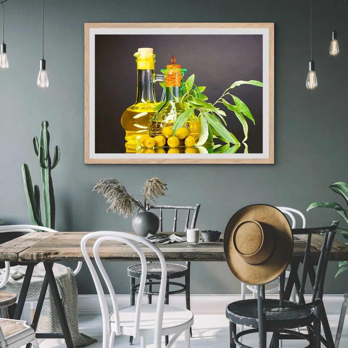 Plagát v ráme zo svetlého duba - Zátišie s olivami a olejom - 100x70 cm