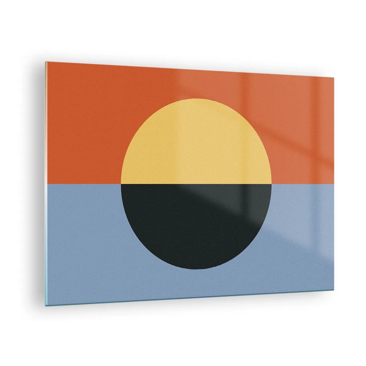 Obraz na skle - Abstraktná kompozícia s kruhom v teplých a studených odtieňoch - 70x50cm - Kompozícia tepla a chladu - Moderná nástenná dekorácia do obývacej izby a spálne ARTTOR