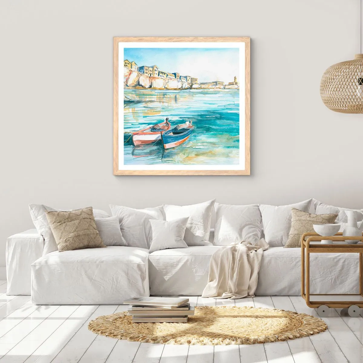 Plagát v ráme zo svetlého duba - Krajina v modrej - 50x50 cm