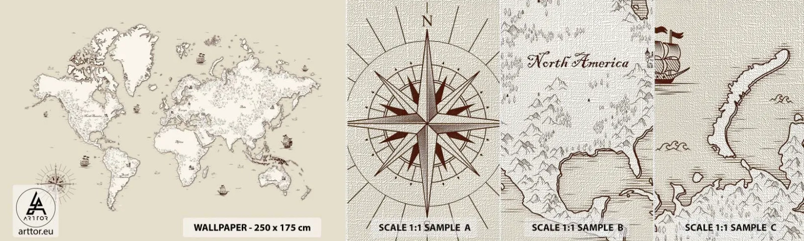 Vzorka fototapety Premium Canvas - Cesta okolo sveta - Mapa sveta, kontinentov, Pirátska loď - 100x30 cm