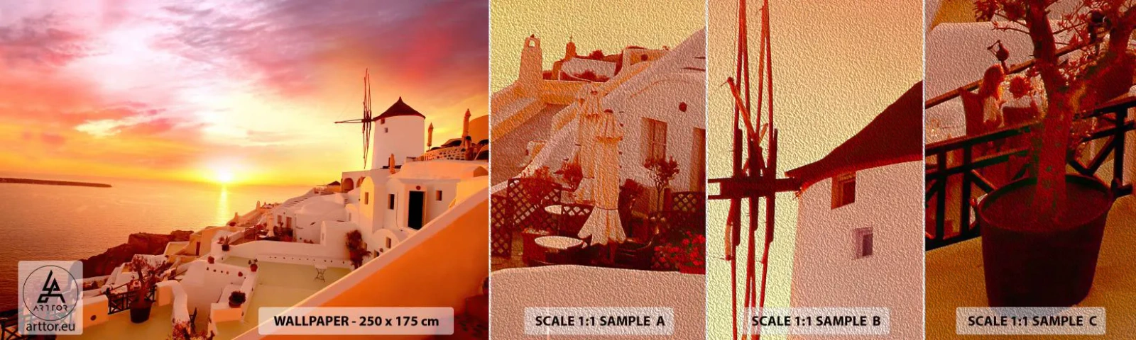 Vzorka fototapety Premium Sand - Rozplynúť sa v bielej a zlatej - Krajina, Santorini, Grécko - 100x30 cm