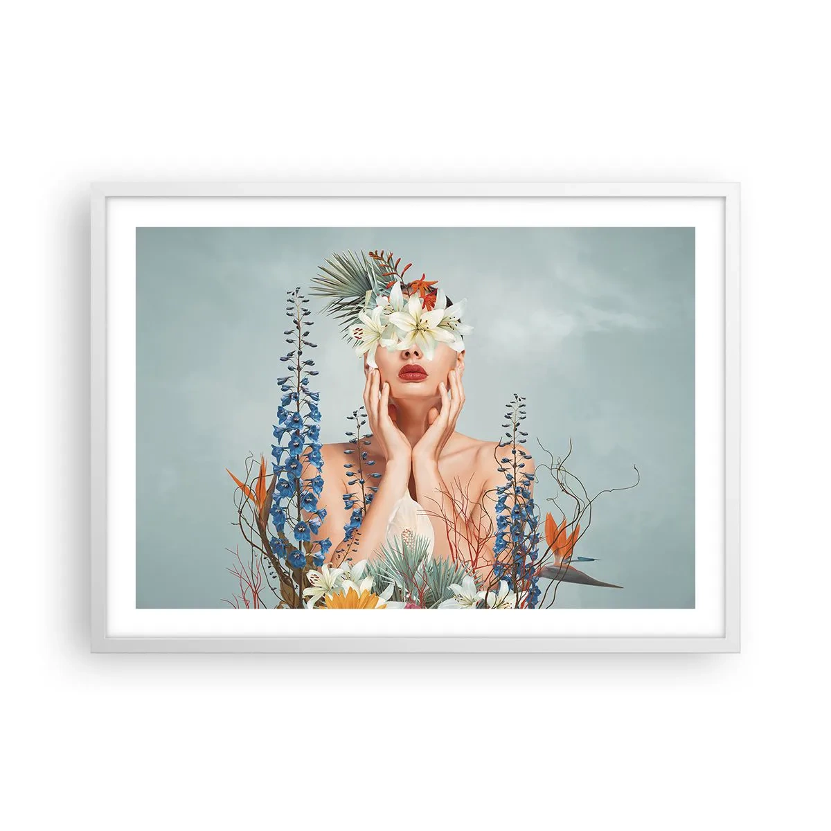 Plagát v bielom ráme - Žena – kvetina - 70x50 cm