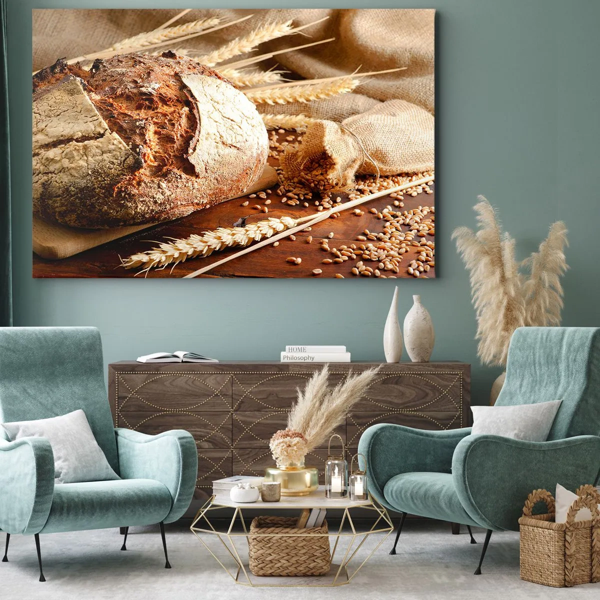 Obraz na plátne - Chrumkavý chlieb so zrnami a pšeničnými klasmi na drevenom pozadí - 70x50cm - Chutný, voňavý, chrumkavý - Moderná nástenná dekorácia do obývacej izby a spálne ARTTOR