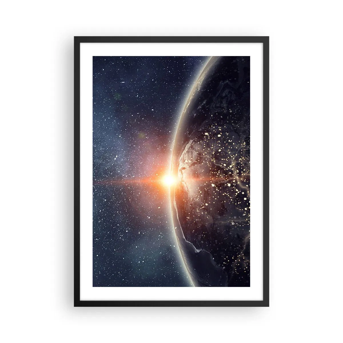 Plagát v čiernom ráme - Zem z vesmíru osvetlená vychádzajúcim slnkom - 50x70cm - V novej perspektíve - Moderná nástenná dekorácia do obývacej izby a spálne ARTTOR