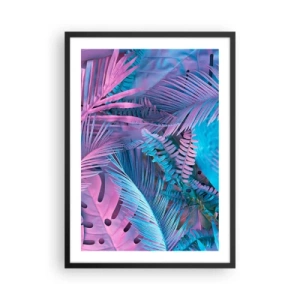 Plagát v čiernom ráme - Farebné tropické listy v neónových odtieňoch ružovej a modrej - 50x70cm - Tropy v ružovej a modrej - Moderná nástenná dekorácia do obývacej izby a spálne ARTTOR
