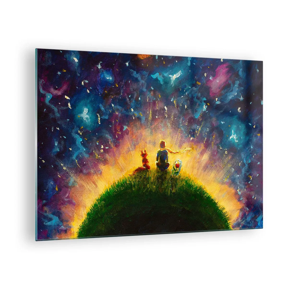 Obraz na skle - Postava s líškou na planéte pod hviezdnou oblohou - 70x50cm - Láska a priateľstvo - celý svet - Moderná nástenná dekorácia do obývacej izby a spálne ARTTOR