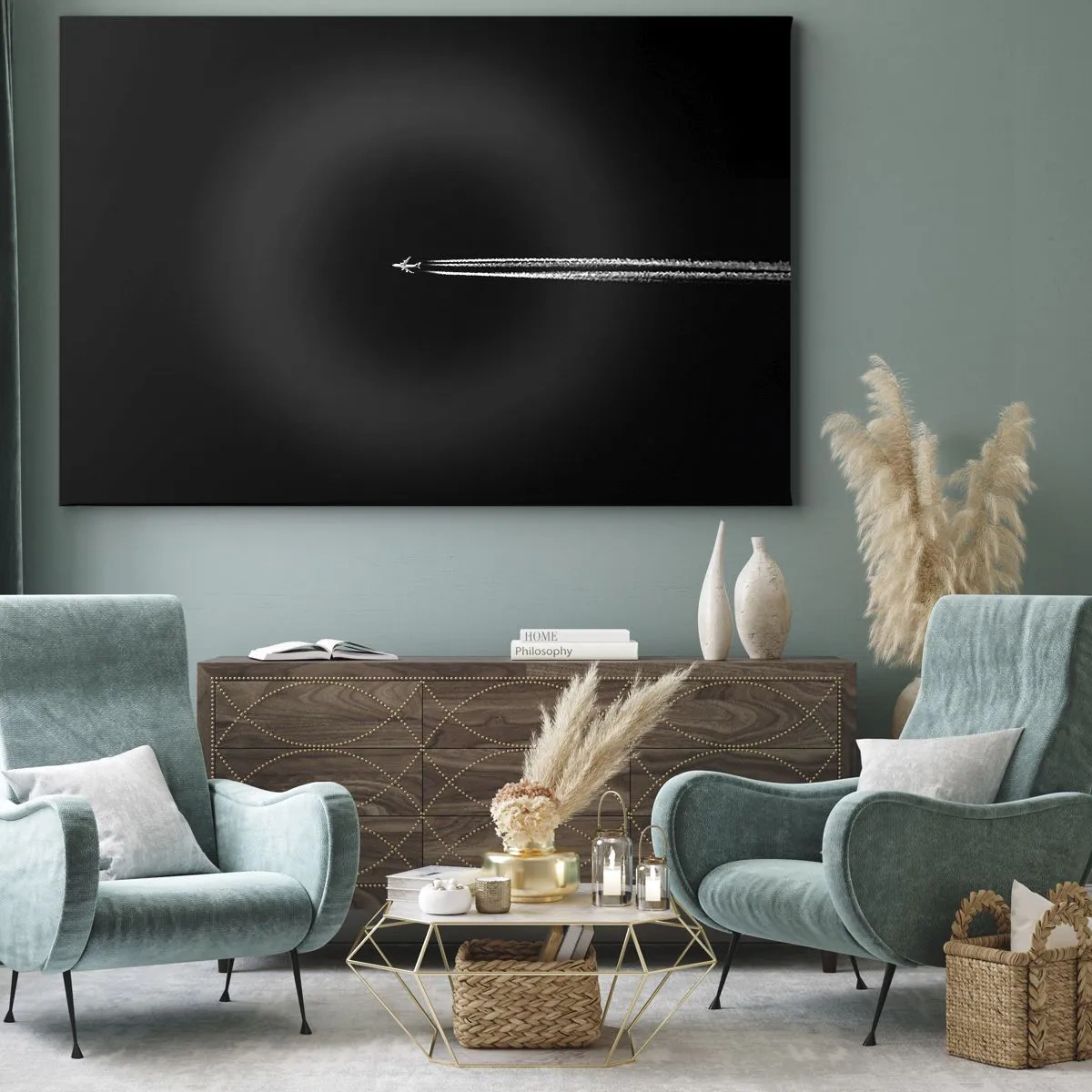 Obraz na plátne - Prúdové lietadlo s viditeľnou kondenzačnou stopou na čiernom pozadí - 70x50cm - Do inej dimenzie - Moderná nástenná dekorácia do obývacej izby a spálne ARTTOR