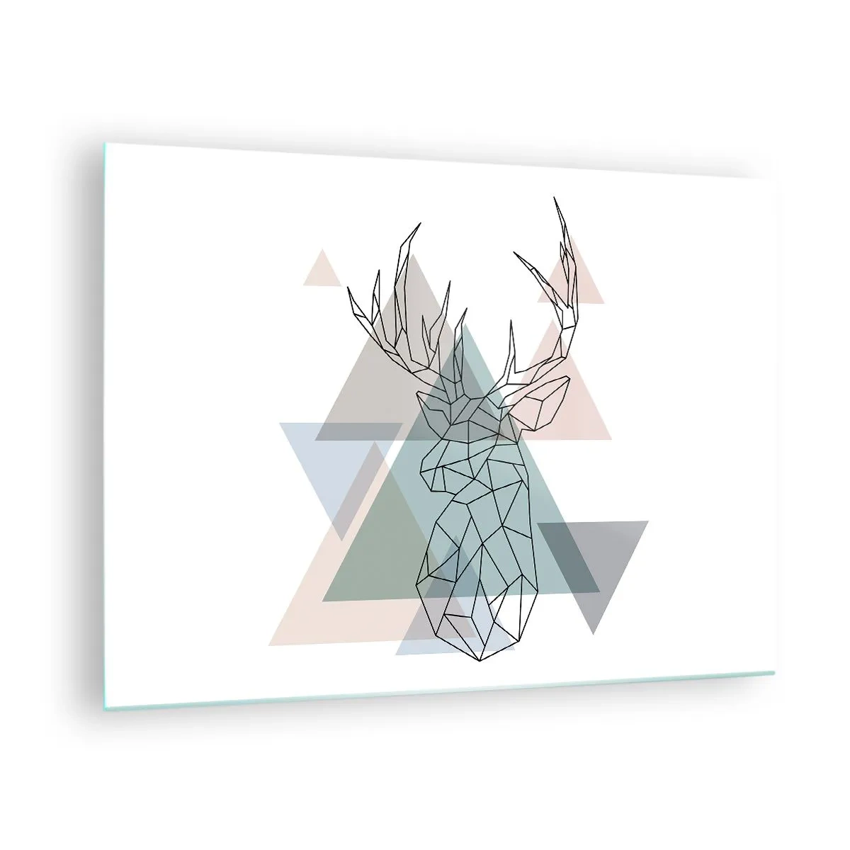 Obraz na skle - Geometrická kresba jeleňa na pozadí pastelových trojuholníkov - 70x50cm - V geometrickom lese - Moderná nástenná dekorácia do obývacej izby a spálne ARTTOR