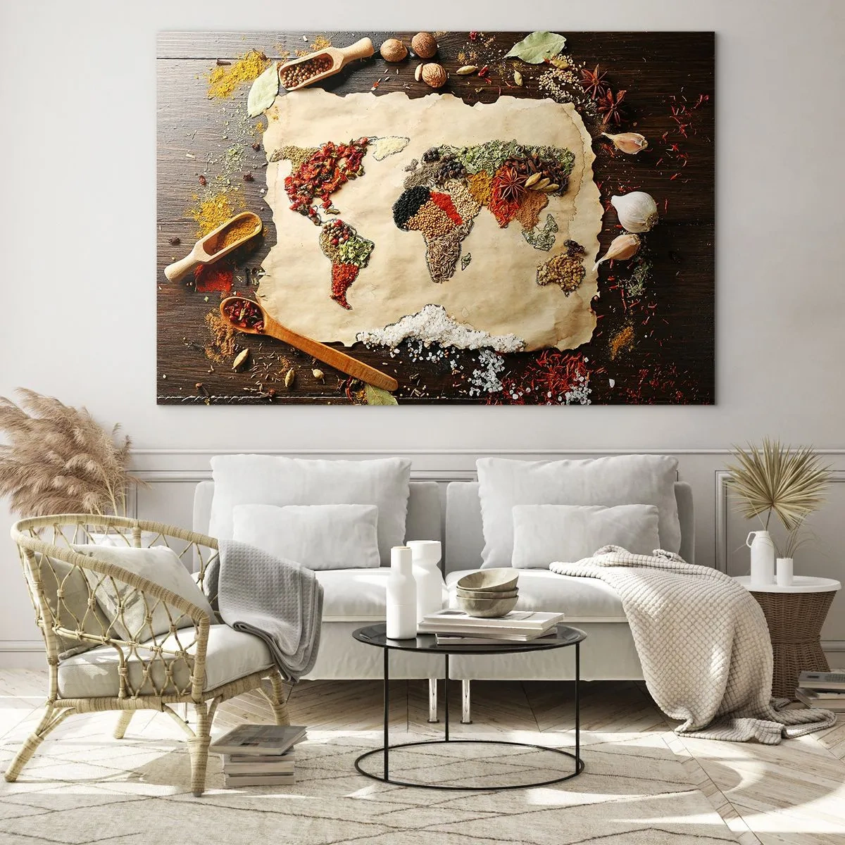 Obraz na skle - Mapa sveta vyrobená z rôznych korenín na rustikálnom pozadí. - 70x50cm - Všetky chute sveta - Moderná nástenná dekorácia do obývacej izby a spálne ARTTOR