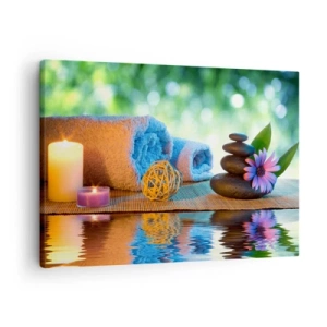Obraz na plátne - Relaxačná kúpeľná súprava s uterákmi, sviečkami a kameňmi - 70x50cm - Čas pre telo - Moderná nástenná dekorácia do obývacej izby a spálne ARTTOR
