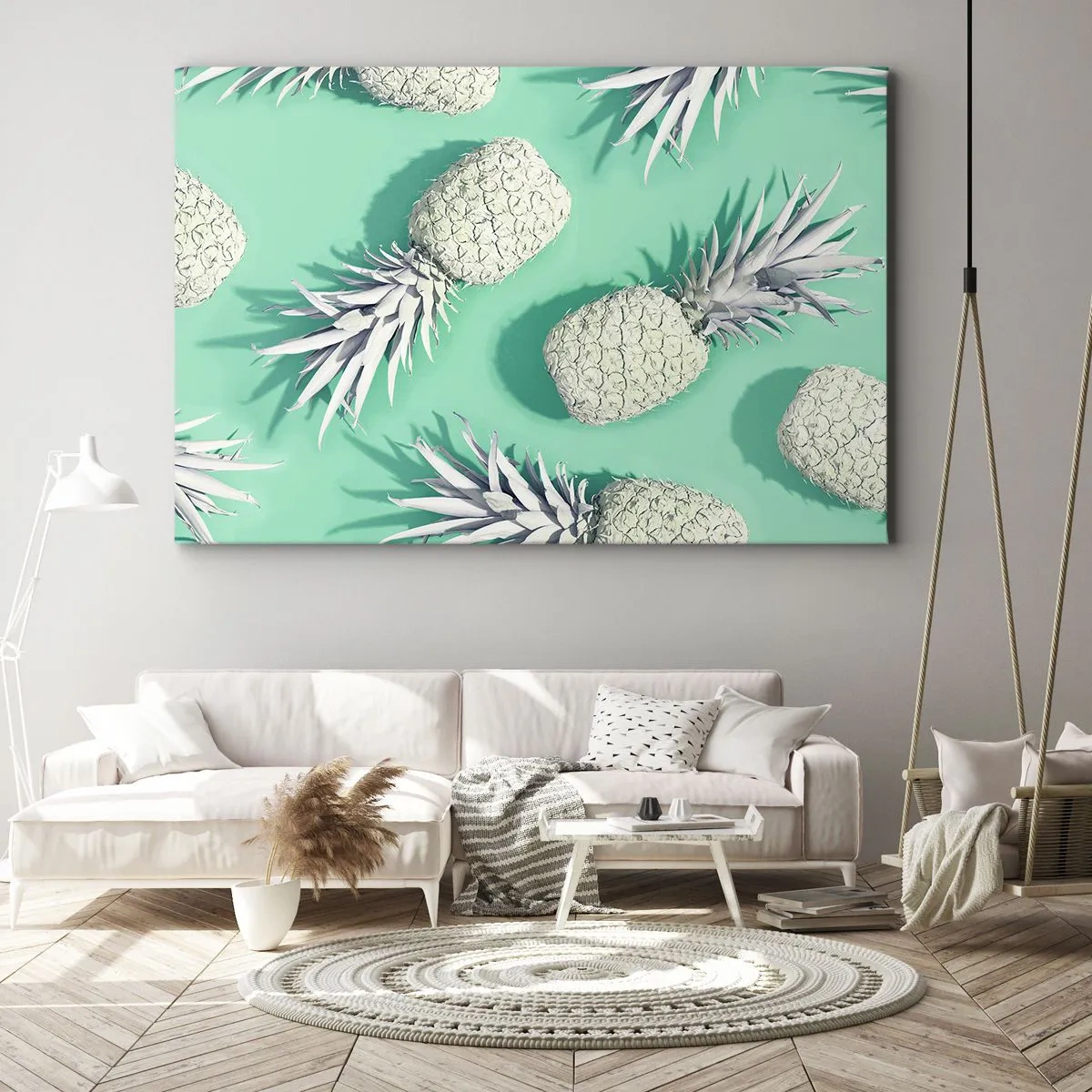 Obraz na plátne - Biele ananásy na pastelovom pozadí v minimalistickom štýle - 70x50cm - skvele ladia s mätou - Moderná nástenná dekorácia do obývacej izby a spálne ARTTOR