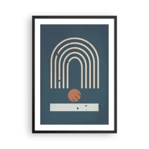 Plagát v čiernom ráme - Geometrické oblúky a guľa na tmavom pozadí - 50x70cm - Geometria v námorníckej modrej - Moderná nástenná dekorácia do obývacej izby a spálne ARTTOR