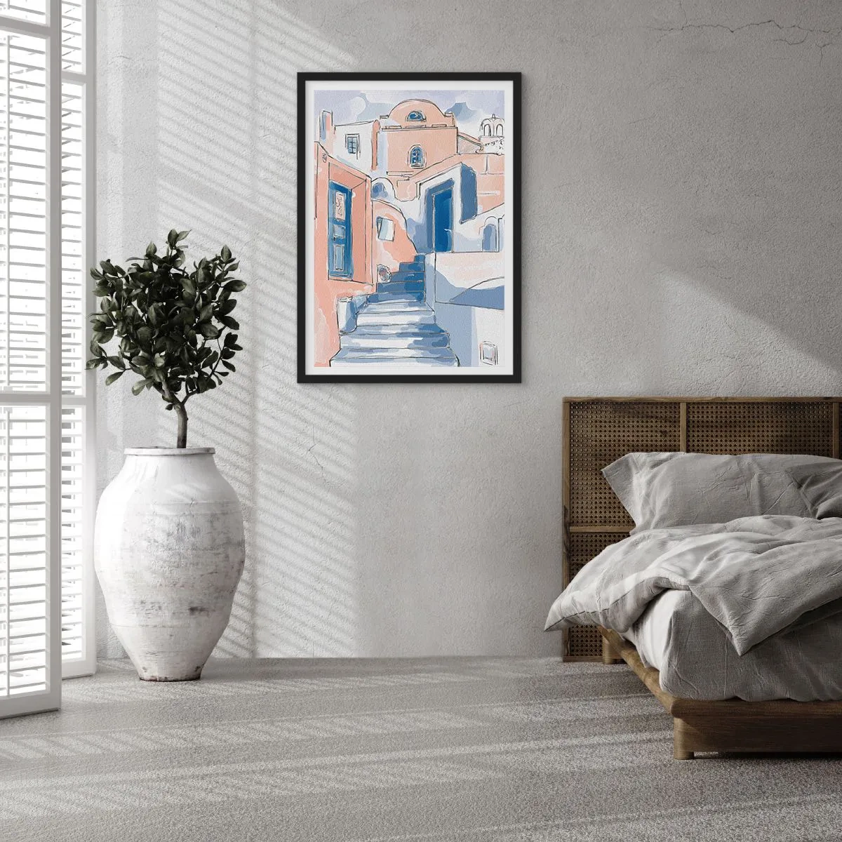 Plagát v čiernom ráme - Malebná ulica v stredomorskom štýle v odtieňoch modrej - 50x70cm - Exotické mesto - Moderná nástenná dekorácia do obývacej izby a spálne ARTTOR