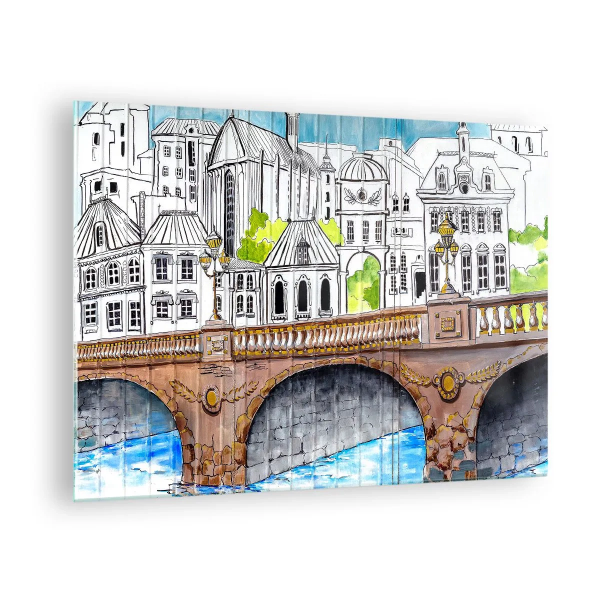 Obraz na skle - Most a mestská architektúra vo forme akvarelovej skice - 70x50cm - Mesto ako maľované - Moderná nástenná dekorácia do obývacej izby a spálne ARTTOR