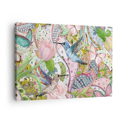 Obraz na plátne - Farebné kolibríky a motýle medzi rastlinami - 70x50cm - Zamotané do lián - Moderná nástenná dekorácia do obývacej izby a spálne ARTTOR