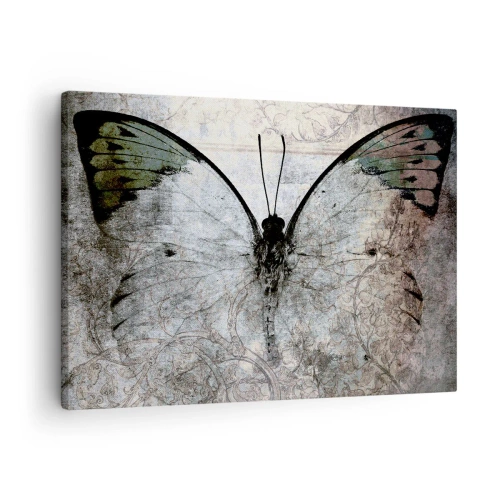 Obraz na plátne - Motýľ v odtieňoch zelenej a sivej na dekoratívnom pozadí - 70x50cm - V secesnom štýle - Moderná nástenná dekorácia do obývacej izby a spálne ARTTOR