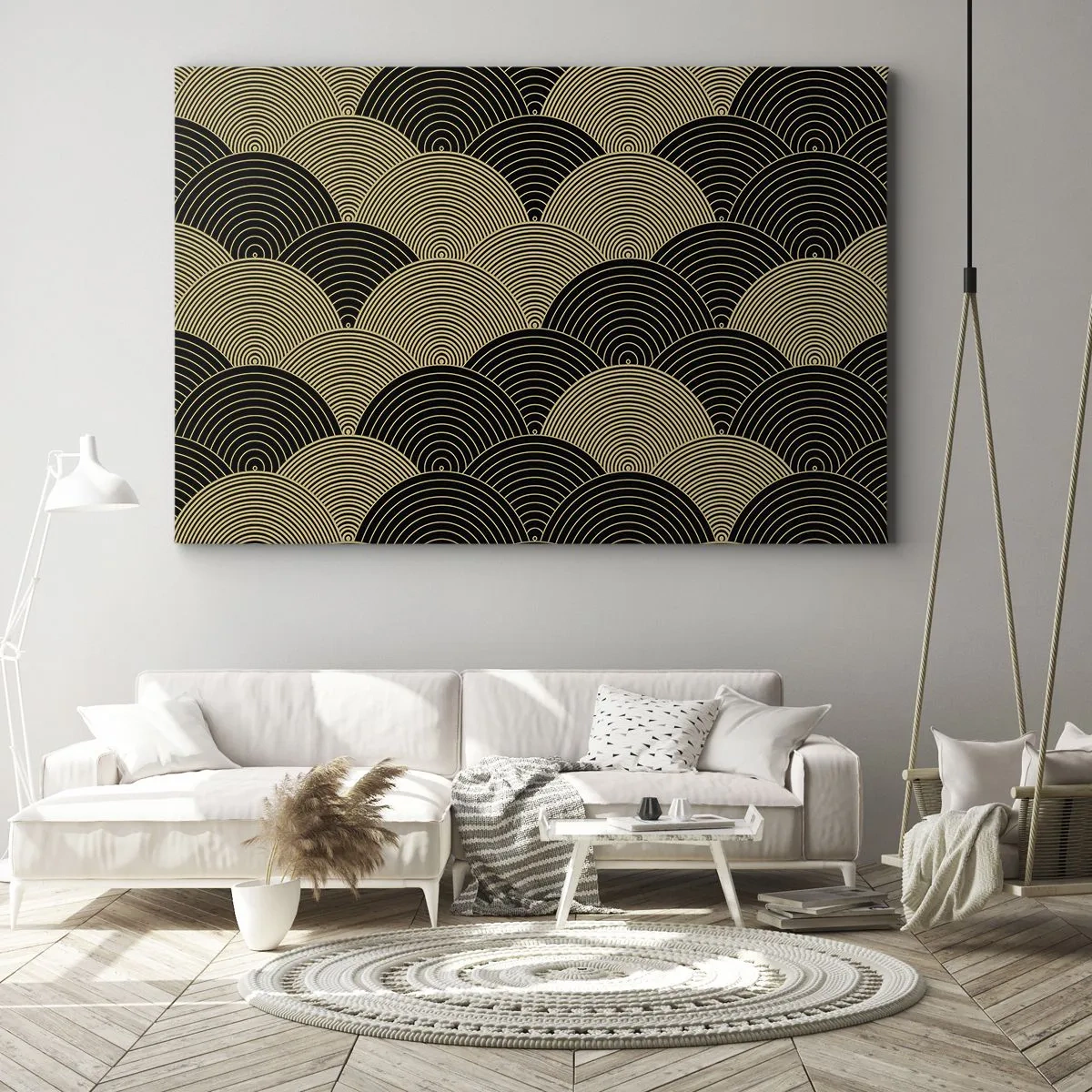 Obraz na plátne - Art Deco vzor s polkruhmi a zlatými čiarami - 70x50cm - Jednota v mnohosti - Moderná nástenná dekorácia do obývacej izby a spálne ARTTOR