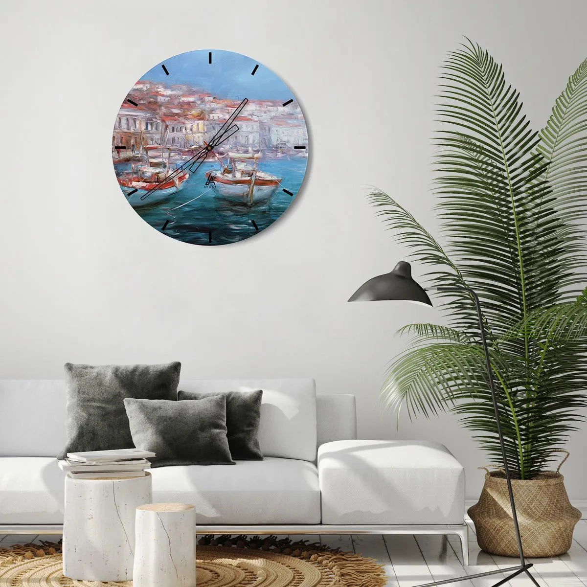 Nástenné hodiny - Malebný prístav s loďami v impresionistickom štýle - 30x30cm - Taliansky záliv - Moderná nástenná dekorácia do obývacej izby, kuchyne a spálne ARTTOR