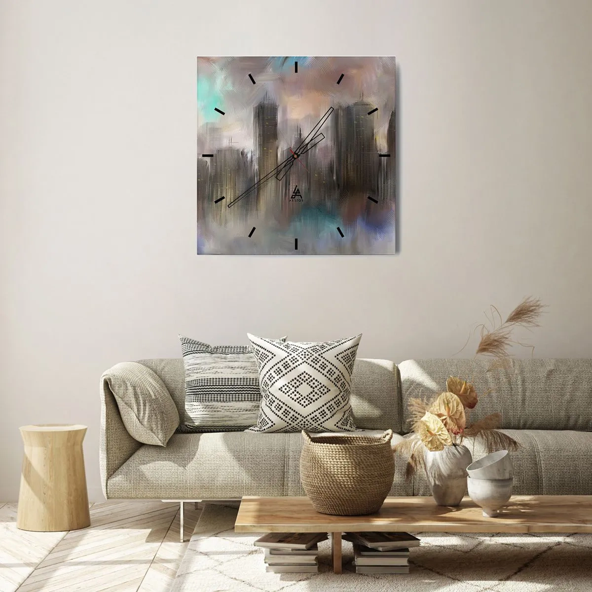 Nástenné hodiny - Kompozícia z ocele, kameňa a hmly - 30x30 cm