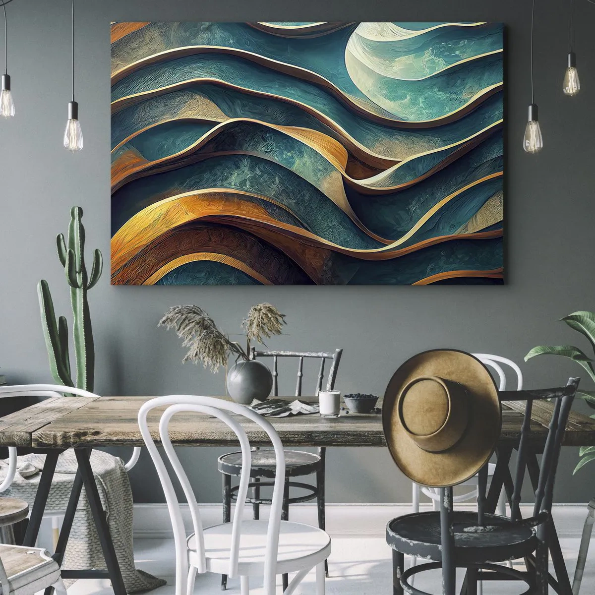 Obraz na plátne - Abstraktné vlny v odtieňoch tyrkysovej a zlatej - 70x50cm - Meandre modrej - Moderná nástenná dekorácia do obývacej izby a spálne ARTTOR