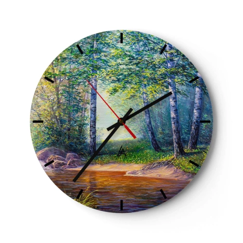 Nástenné hodiny - Malebný brezový les s riekou osvetlenou slnečnými lúčmi - 30x30cm - Idylické prostredie - Moderná nástenná dekorácia do obývacej izby, kuchyne a spálne ARTTOR