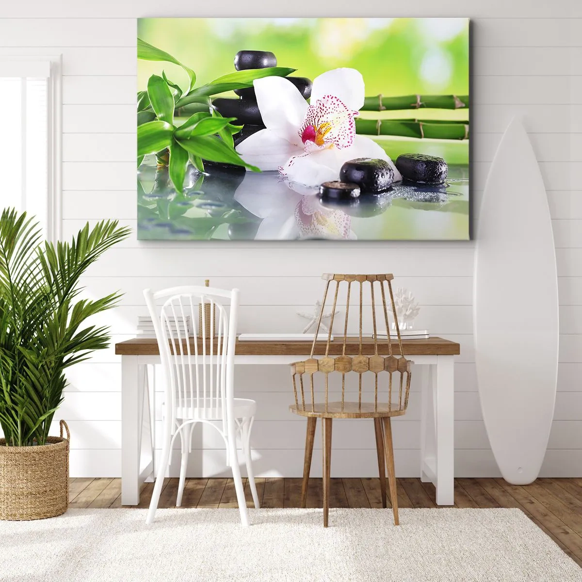 Obraz na plátne - Orchidea, kamene a bambus v harmonickej kúpeľnej kompozícii - 70x50cm - Chladná sviežosť - Moderná nástenná dekorácia do obývacej izby a spálne ARTTOR
