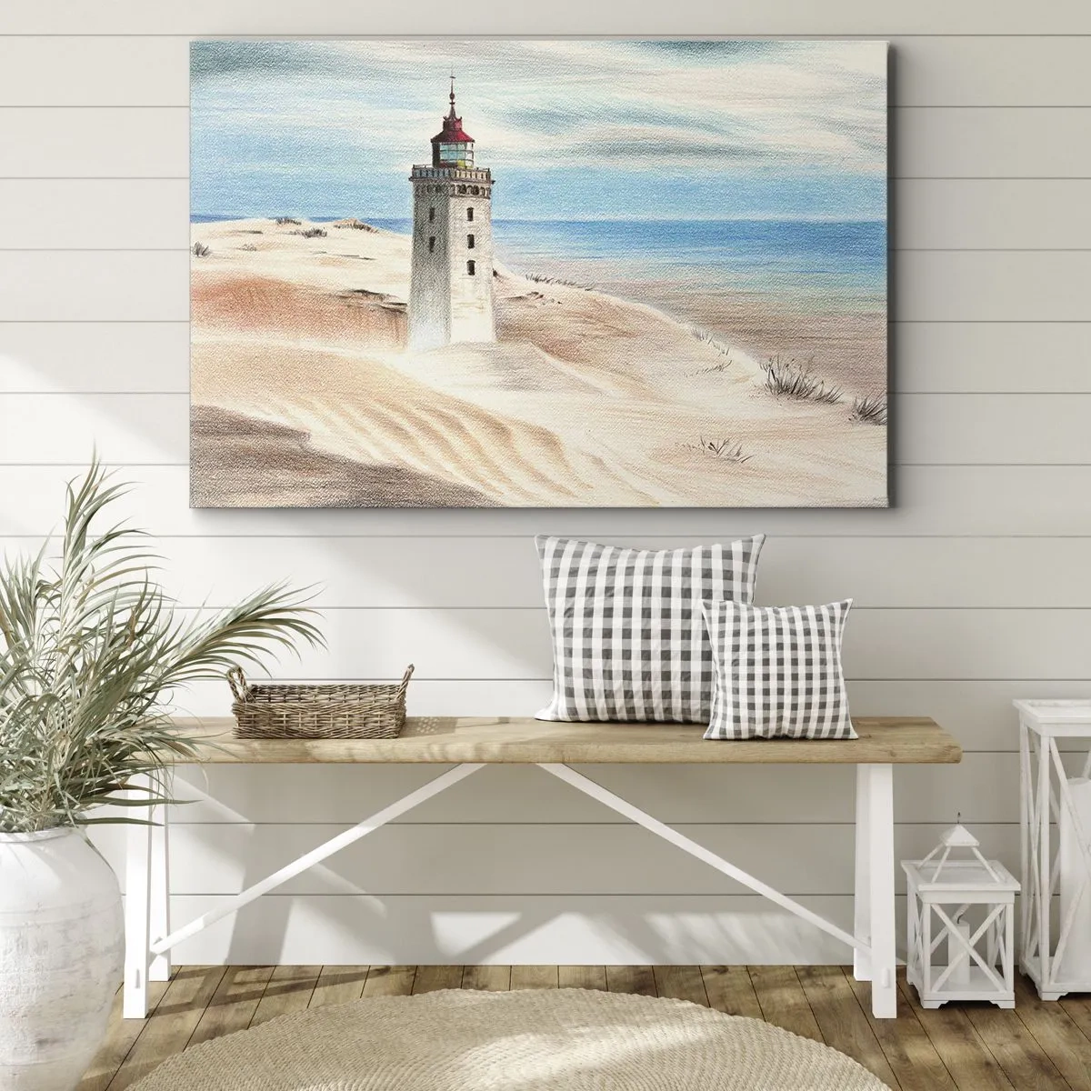 Obraz na plátne - Maják obklopený piesočnými dunami a modrou oblohou - 70x50cm - Vždy hľadí na more - Moderná nástenná dekorácia do obývacej izby a spálne ARTTOR