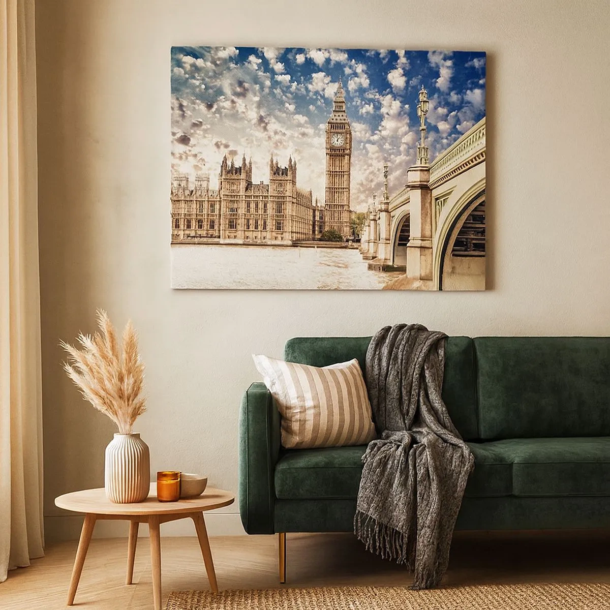 Obraz na plátne - Big Ben a Westminsterský most osvetlené slnkom v Londýne - 70x50cm - Perové oblaky nad Temžou - Moderná nástenná dekorácia do obývacej izby a spálne ARTTOR