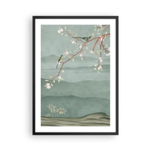 Plagát v čiernom ráme - Vtáky na kvitnúcej vetve s výhľadom na kopce - 50x70cm - Jar je tu - Moderná nástenná dekorácia do obývacej izby a spálne ARTTOR