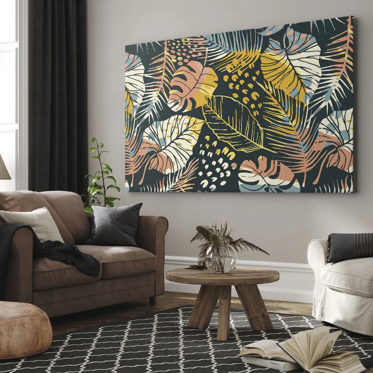Obraz na plátne - Farebné listy na tmavom pozadí - 70x50cm - Listová fantázia - Moderná nástenná dekorácia do obývacej izby a spálne ARTTOR