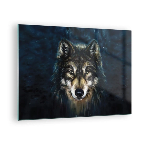 Obraz na skle - Vlk na tmavom lesnom pozadí v realistickom štýle. - 70x50cm - Alfa? A omega - Moderná nástenná dekorácia do obývacej izby a spálne ARTTOR