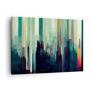 Obraz na plátne - Abstrakcia so zvislými čiarami a panorámou mesta - 70x50cm - Futuristické mesto - Moderná nástenná dekorácia do obývacej izby a spálne ARTTOR