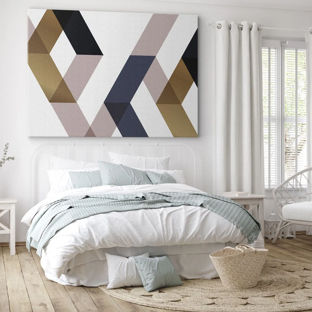 Obraz na plátne - Geometrické vzory v odtieňoch zlatej a námorníckej modrej - 70x50cm - Roviny a uhly - Moderná nástenná dekorácia do obývacej izby a spálne ARTTOR