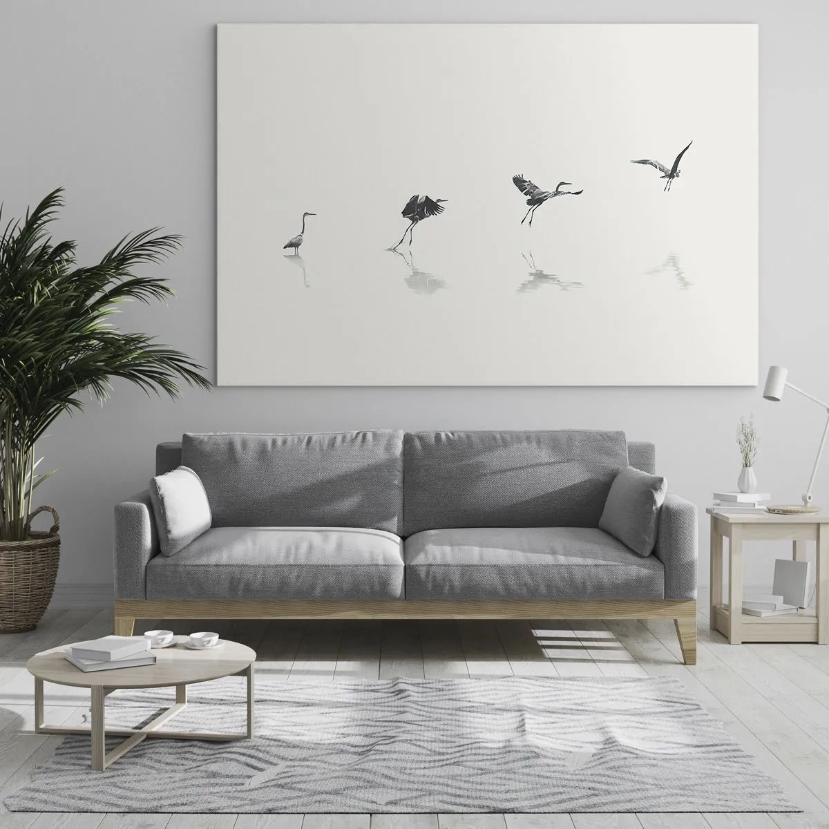 Obraz na skle - Siluety štyroch vtákov pohybujúcich sa nad vodou - 70x50cm - Štyri jednoduché kroky - Moderná nástenná dekorácia do obývacej izby a spálne ARTTOR