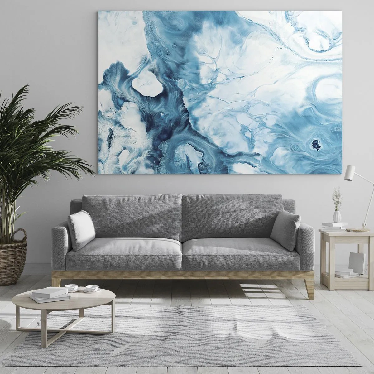 Obraz na skle - Abstraktná kompozícia v odtieňoch modrej a bielej - 70x50cm - Modrý koncert - Moderná nástenná dekorácia do obývacej izby a spálne ARTTOR