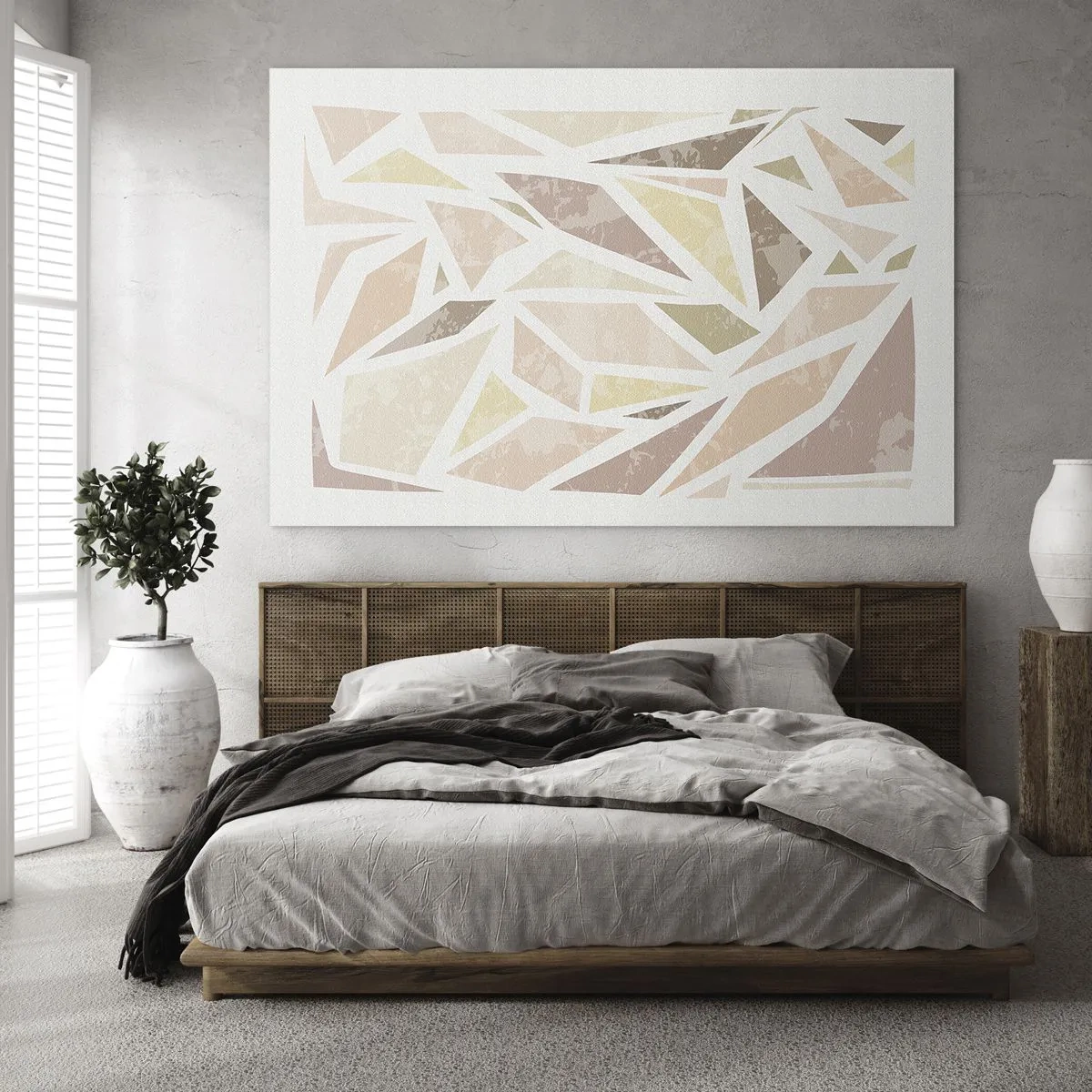 Obraz na skle - Geometrická mozaika v pastelových farbách na svetlom pozadí - 70x50cm - Kompozícia: vitráž - Moderná nástenná dekorácia do obývacej izby a spálne ARTTOR