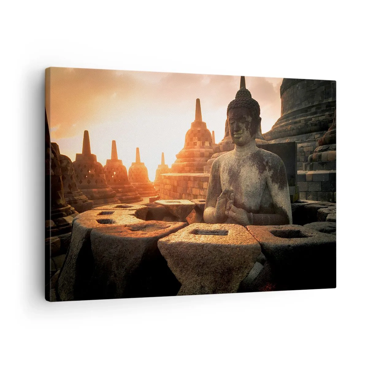 Obraz na plátne - Socha Budhu v chráme Borobudur pri západe slnka - 70x50cm - Počasie veľkej múdrosti - Moderná nástenná dekorácia do obývacej izby a spálne ARTTOR