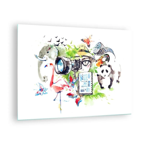 Obraz na skle - Ilustrácia fotografa s fotoaparátom a zvieratami - 70x50cm - Objektívom cestovateľa - Moderná nástenná dekorácia do obývacej izby a spálne ARTTOR