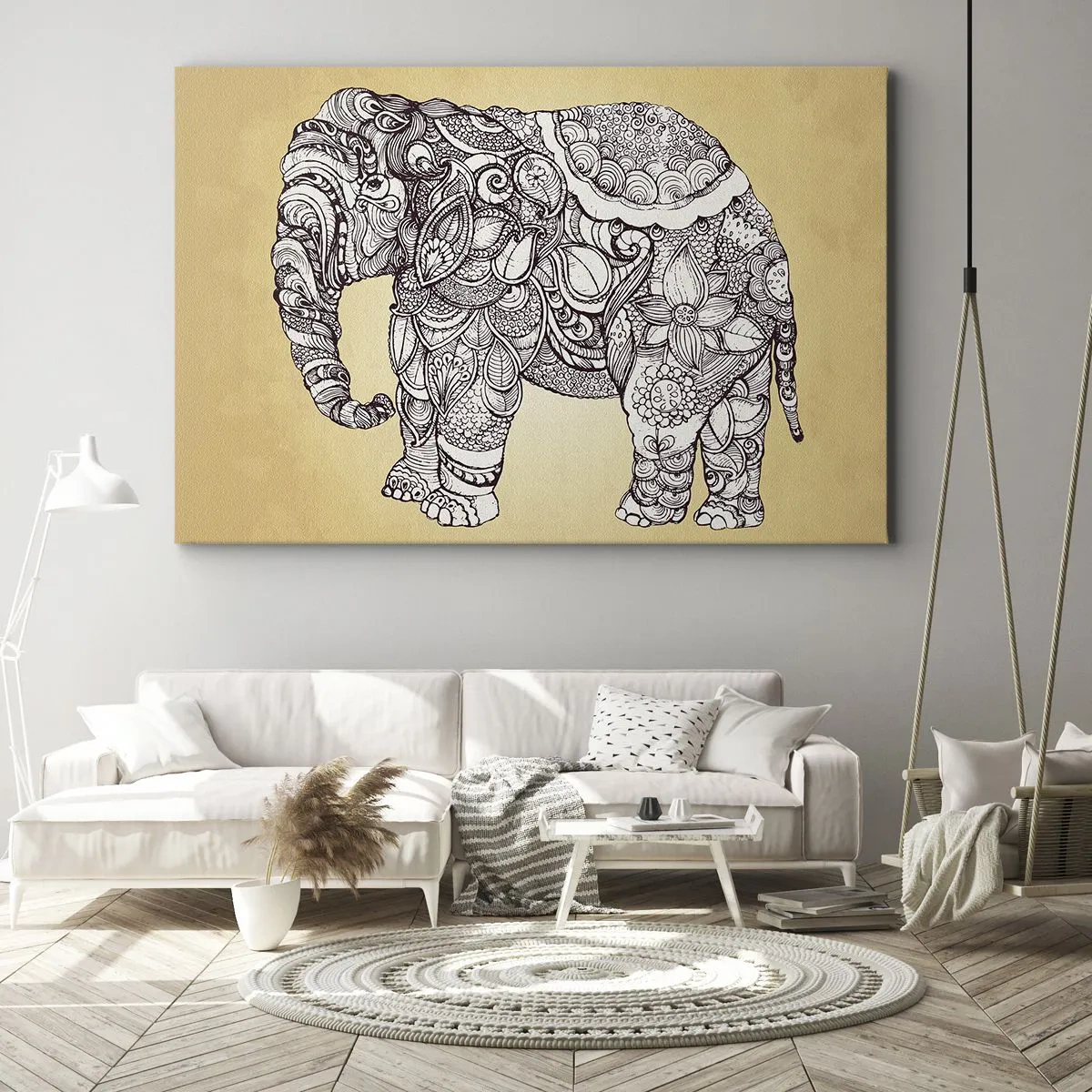 Obraz na plátne - Ručne kreslený slon so zdobeným vzorom na béžovom pozadí - 70x50cm - Skrytý slon - Moderná nástenná dekorácia do obývacej izby a spálne ARTTOR