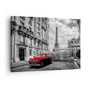 Obraz na plátne - Červené auto s Eiffelovou vežou v pozadí v čiernobielom prostredí - 70x50cm - Dravec v meste - Moderná nástenná dekorácia do obývacej izby a spálne ARTTOR