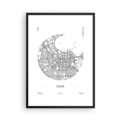 Plagát v čiernom ráme - Minimalistická čiernobiela mapa Dauhy - 50x70cm - Anatómia Dauhy - Moderná nástenná dekorácia do obývacej izby a spálne ARTTOR