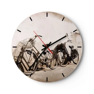 Nástenné hodiny - Bicykle v retro štýle pri stene - 30x30cm - Nezabudnuteľné kúzlo minulosti - Moderná nástenná dekorácia do obývacej izby, kuchyne a spálne ARTTOR