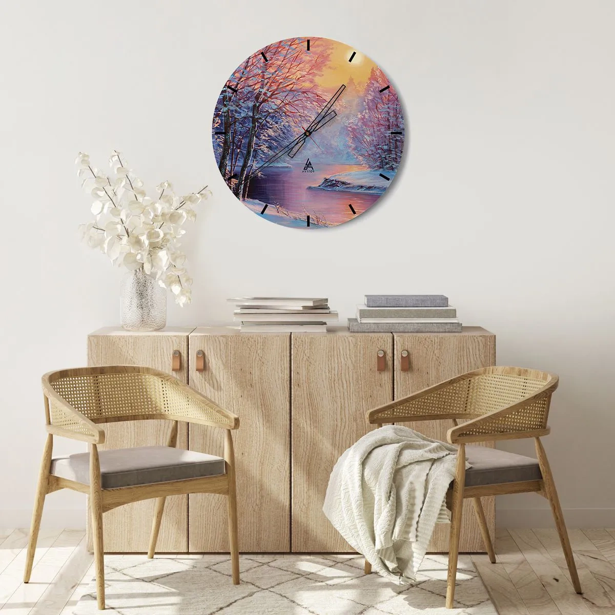 Nástenné hodiny - Zimná krajina s riekou pri západe slnka - 30x30cm - Farby zimy - Moderná nástenná dekorácia do obývacej izby, kuchyne a spálne ARTTOR
